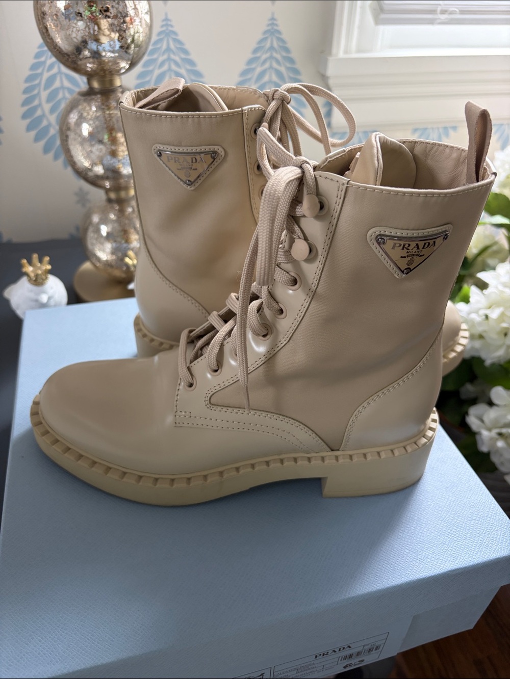 Prada Beige Lace-Up Combat Boots size 39